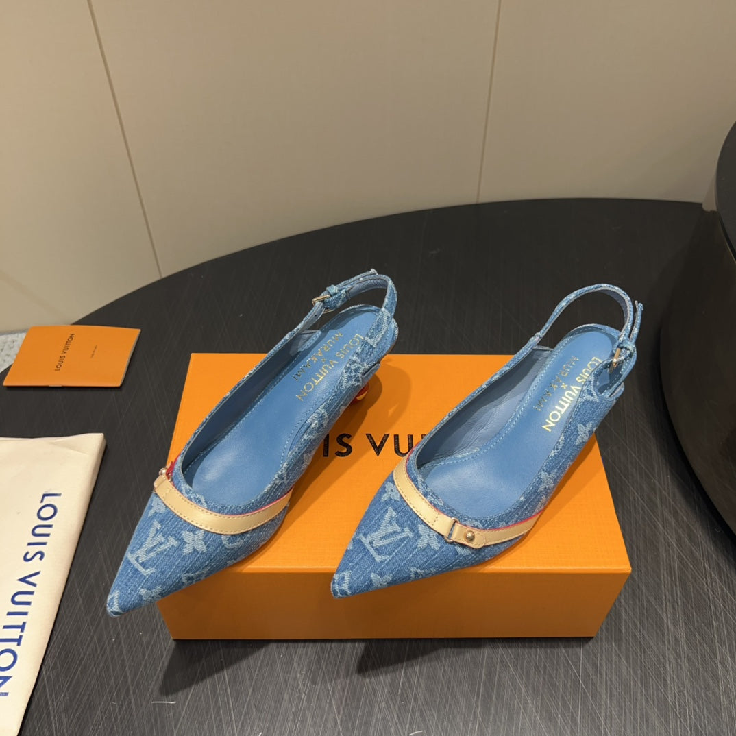 LOUIS VUITTON LV HIGH SLINGBACK LOGO PRINT 25S 55MM IN BLUE DENIM