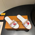 LOUIS VUITTON LV SLIDE SANDALS 25S IN WHITE CALFSKIN WITH CHERRY BLOSSOM BUCKLE