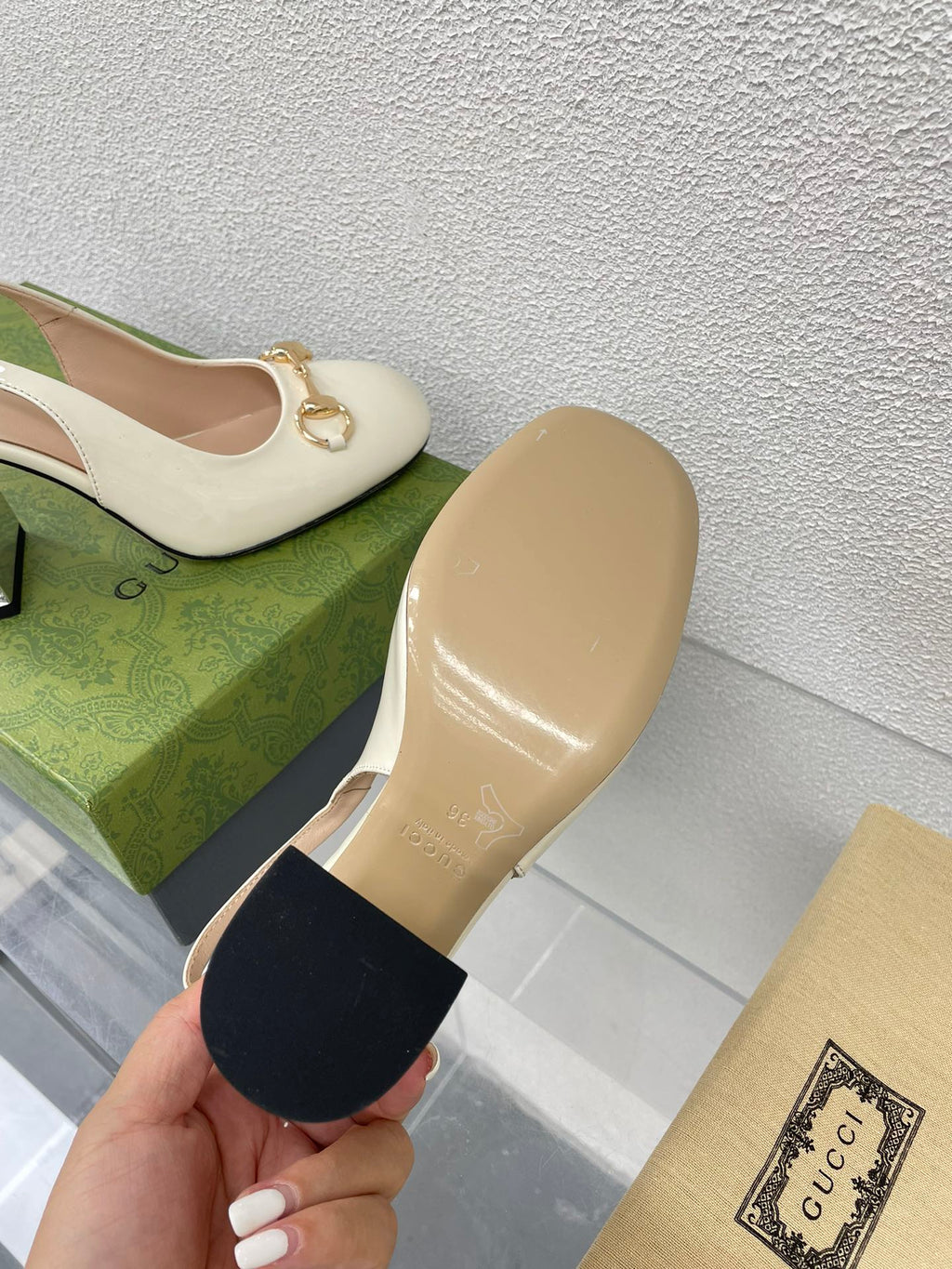 GUCCI WOMEN'S HORSEBIT SLINGBACK 95MM IN WHITE CALFSKIN WITH RHINSTONES