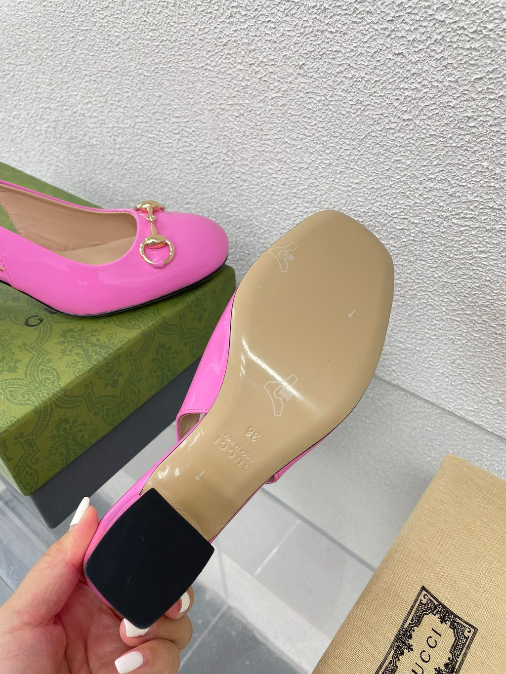 GUCCI WOMEN'S HORSEBIT SLINGBACK 75MM IN FUSICA PINK CALFSKIN