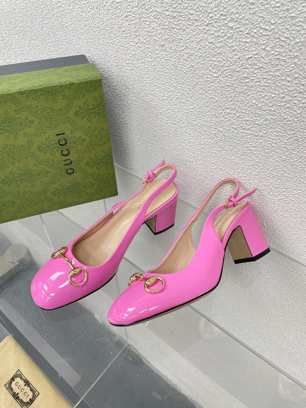 GUCCI WOMEN'S HORSEBIT SLINGBACK 75MM IN FUSICA PINK CALFSKIN