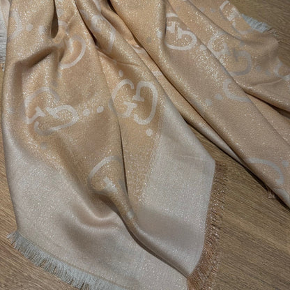 GUCCI JACQUARD SILK WOOL SHAWL 140 CM BISQUE BEIGE 401261