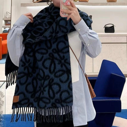 LOEWE ANAGRAM 200 CM SCARF IN BLACK MIX BLUE ALPACA AND WOOL 411848