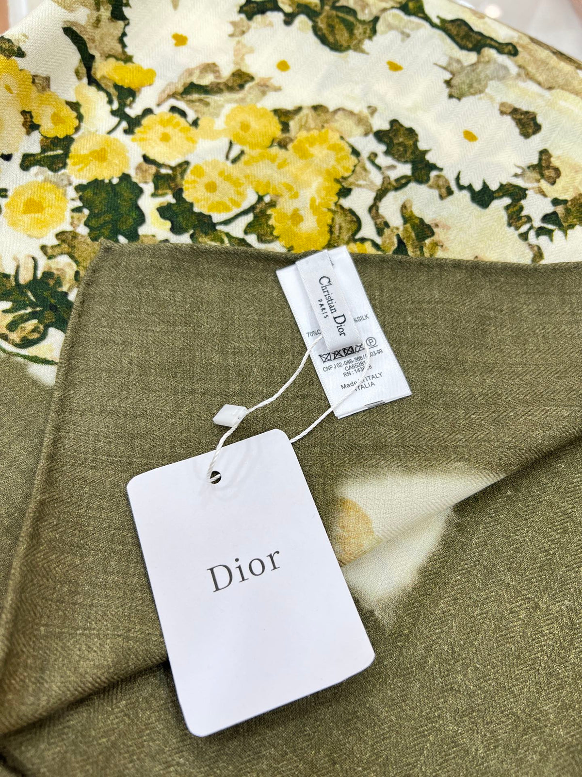DIOR REVERSIBLE SCARF 140 CM IN CREAM WHITE MIX GREEN WOOL-SILK FABRIC 735876