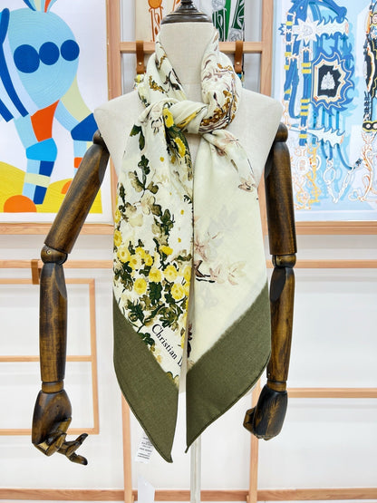 DIOR REVERSIBLE SCARF 140 CM IN CREAM WHITE MIX GREEN WOOL-SILK FABRIC 735876