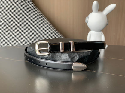 CELINE BELT 25MM MEDIUM WESTERN IN BLACK CALFSKIN WITH SILVER BUCKLE