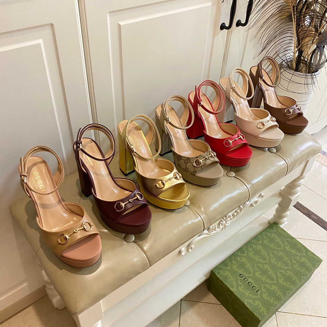 GUCCI HORSEBIT PLATFORM SANDAL IN KHAKI BEIGE MONOGRAM CANVAS AND SHEEPSKIN LINING