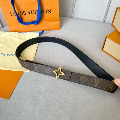 LOUIS VUITTON LV Flowergram 30mm Reversible Belt Gold Buckle Black Brown Leather