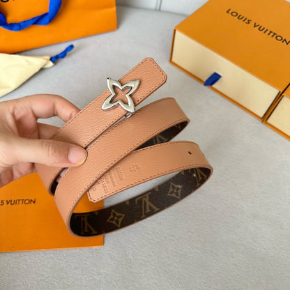 LOUIS VUITTON LV  MINI FLOWERGRAM 30MM REVERSIBLE BELT IN BUFF BROWN CALFSKIN SILVER HARDWARE