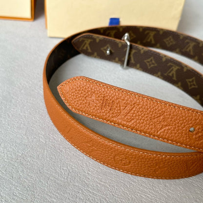 LOUIS VUITTON LV  MINI FLOWERGRAM 30MM REVERSIBLE BELT IN BRONZE BROWN EMBOSSED CALFSKIN SILVER HARDWARE
