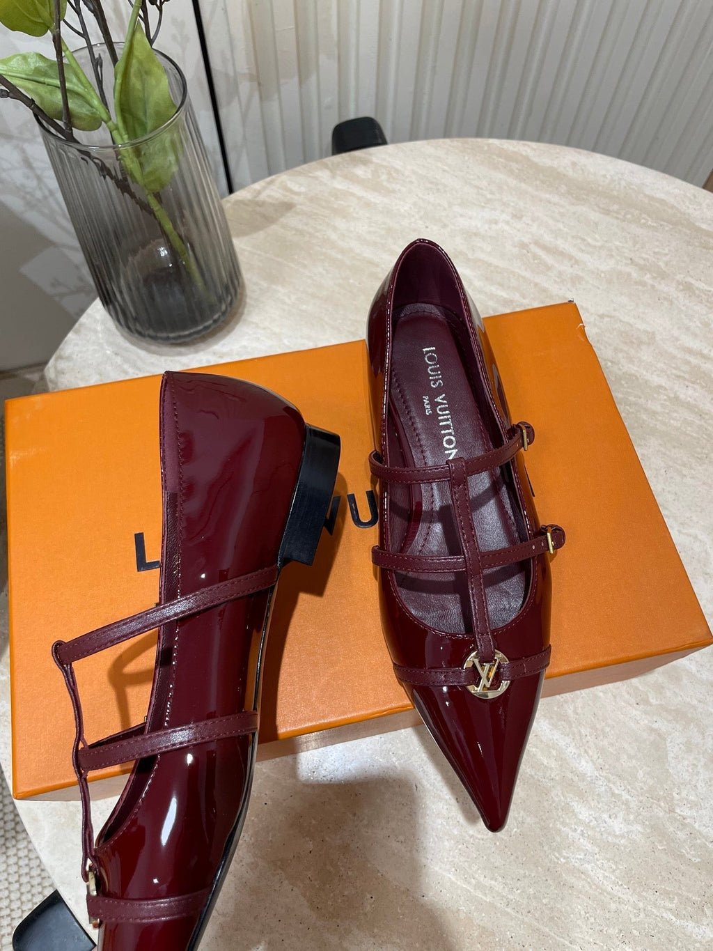 LOUIS VUITTON POINTED-TOE TRIPLE-STRAP BALLET FLAT IN BURGUNDY RED PATENT CALFSKIN