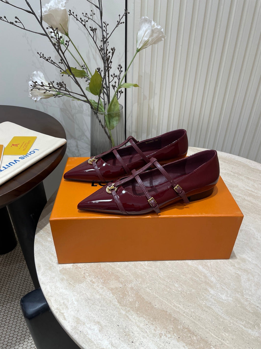 LOUIS VUITTON POINTED-TOE TRIPLE-STRAP BALLET FLAT IN BURGUNDY RED PATENT CALFSKIN