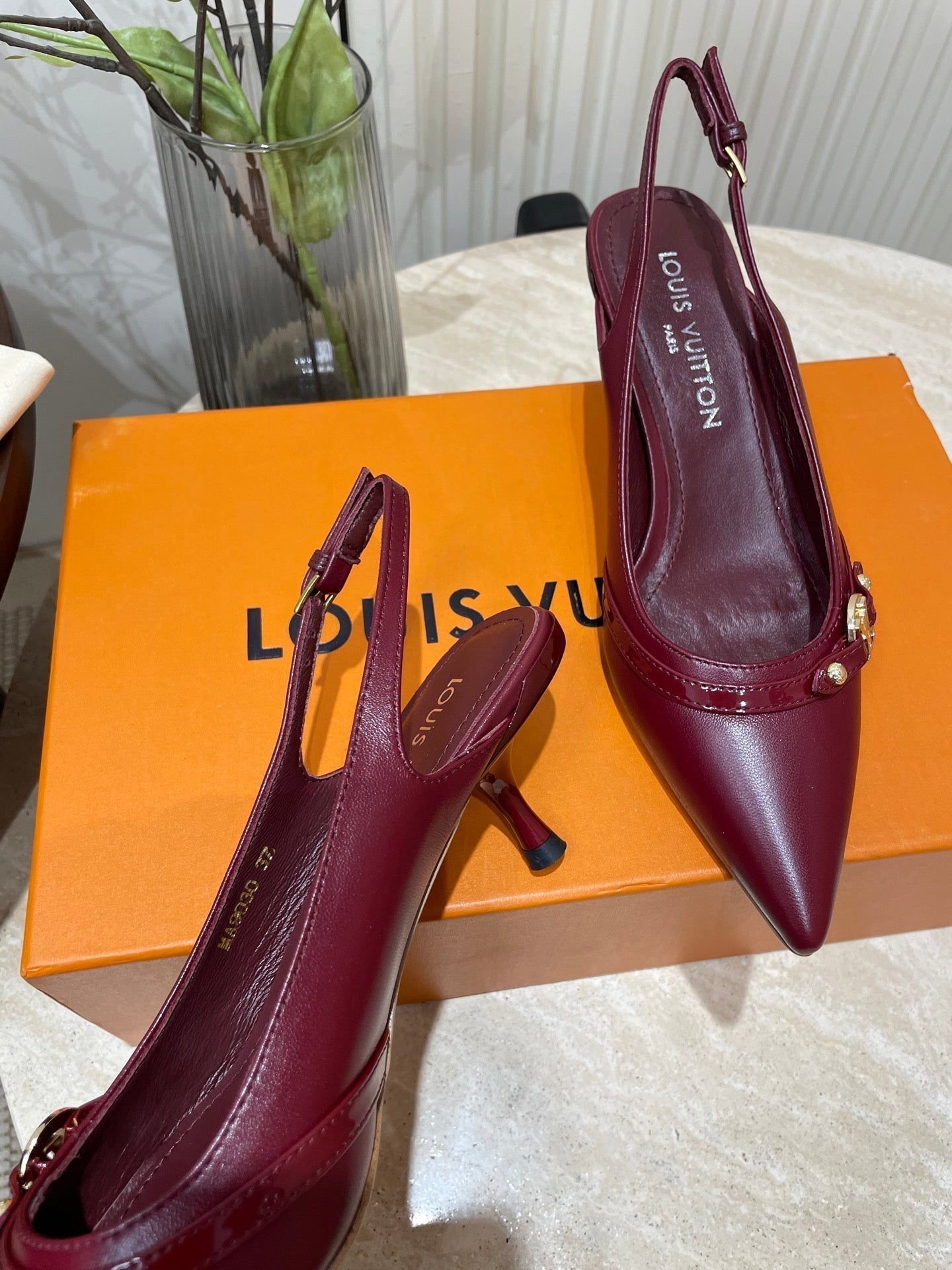 LOUIS VUITTON HIGH SLINGBACKS 5 CM IN BURGUNDY RED CALFSKIN