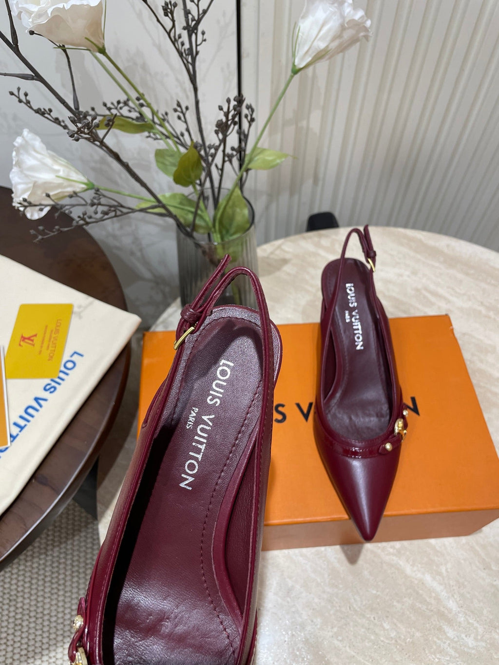 LOUIS VUITTON HIGH SLINGBACKS 5 CM IN BURGUNDY RED CALFSKIN