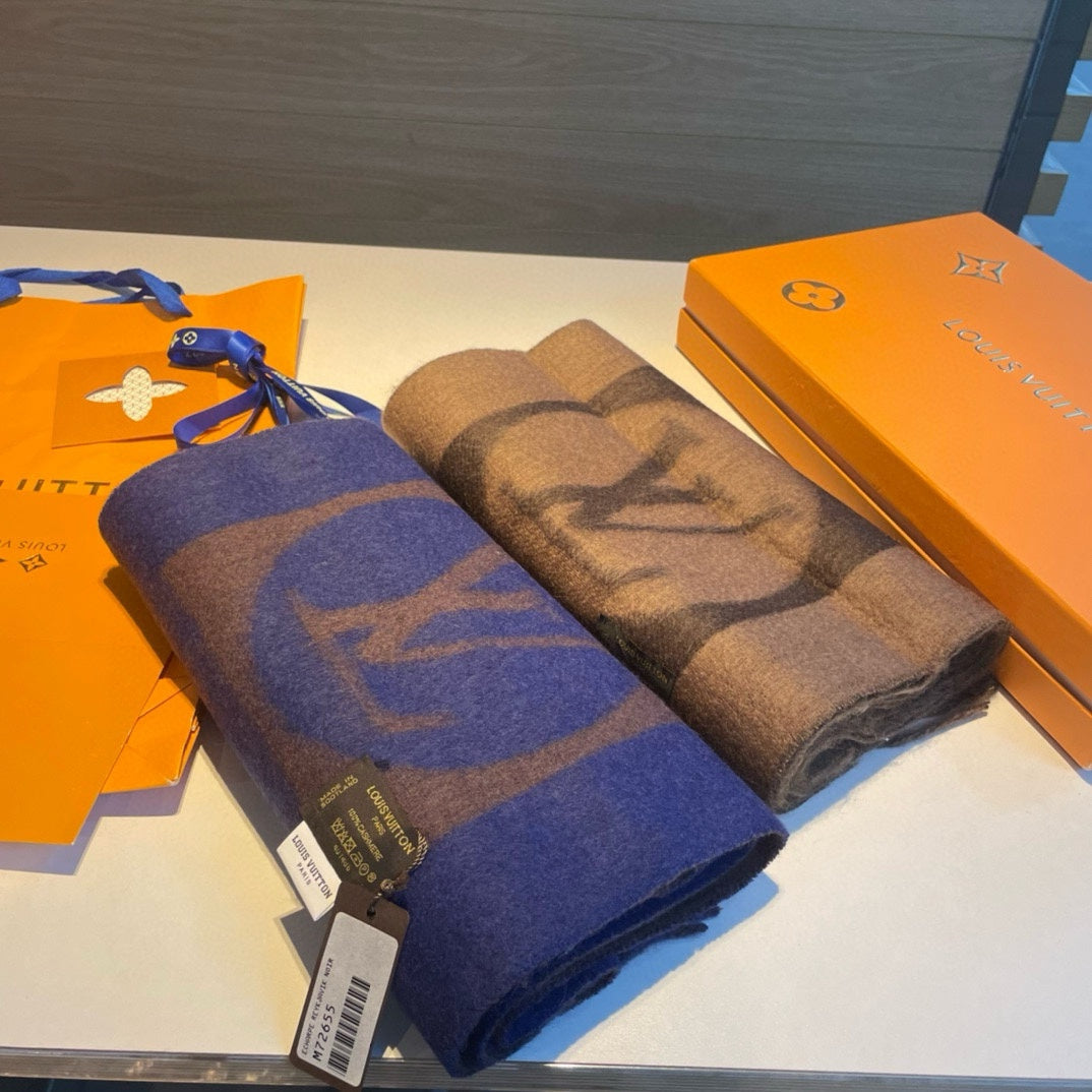 LOUIS VUITTON SCARF 180 CM IN COFFEE BROWN MIX BERRY BLUE CASHMERE 398245
