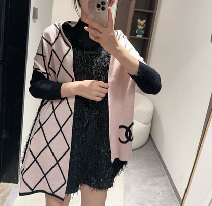 CHANEL SCARF 180 CM IN PASTEL PINK MIX BLACK CASHMERE 401972