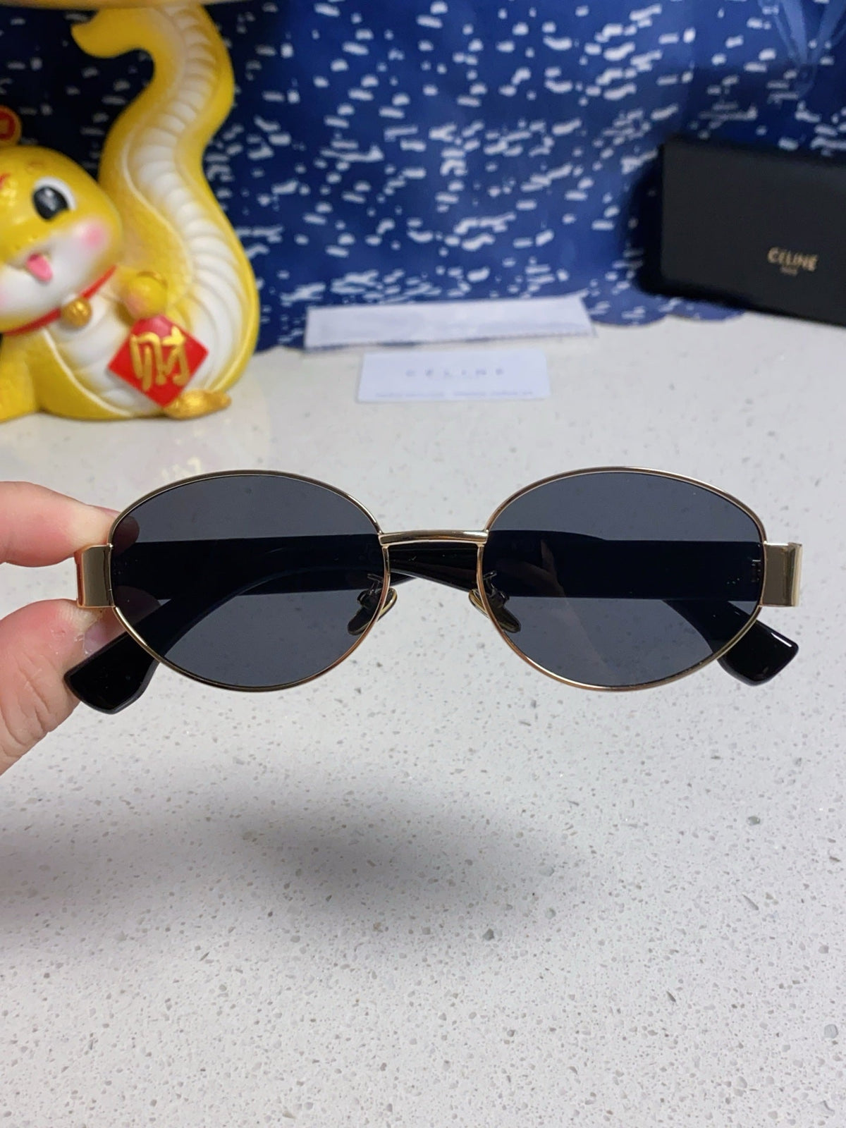 CELINE TRIOMPHE SUNGLASSES 538532 IN BLACK ACETATE GOLD METAL