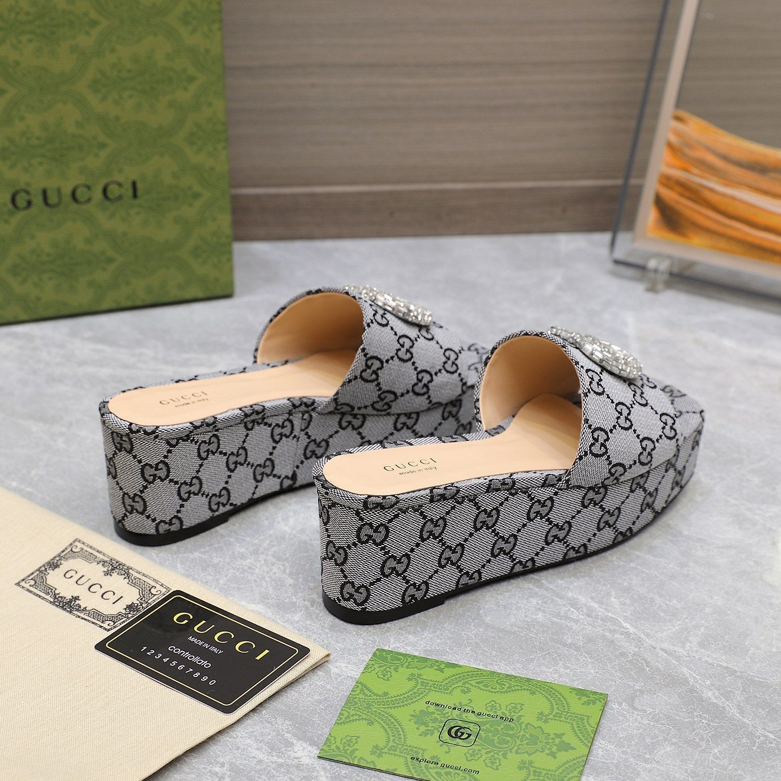 GUCCI HIGH WEDGE PLATFORM WITH DOUBLE G IN GRAY CANVAS