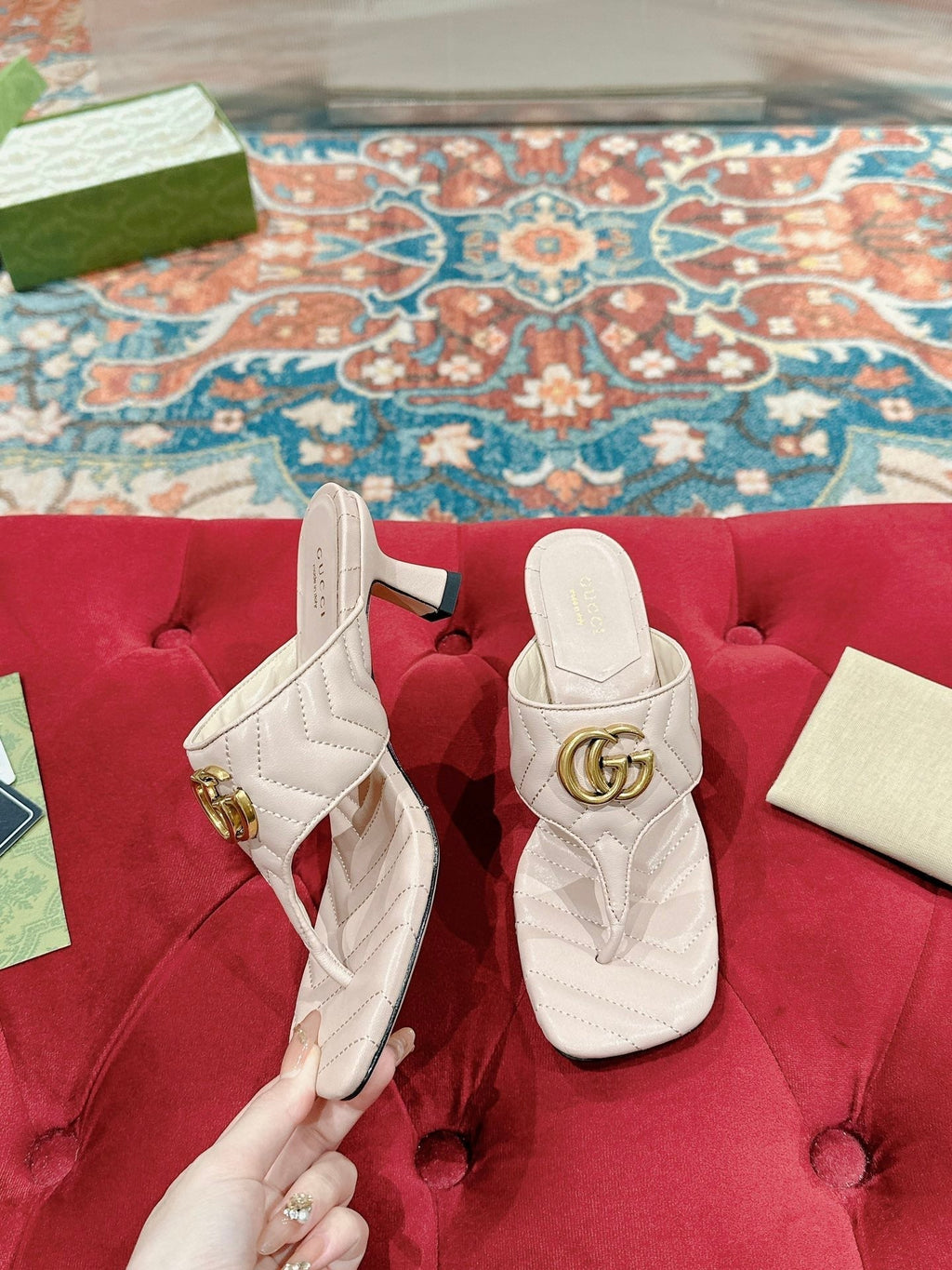 GUCCI HIGH THONG MULE 55MM IN BEIGE CREAM CALFSKIN WITH GOLD HARDWARE