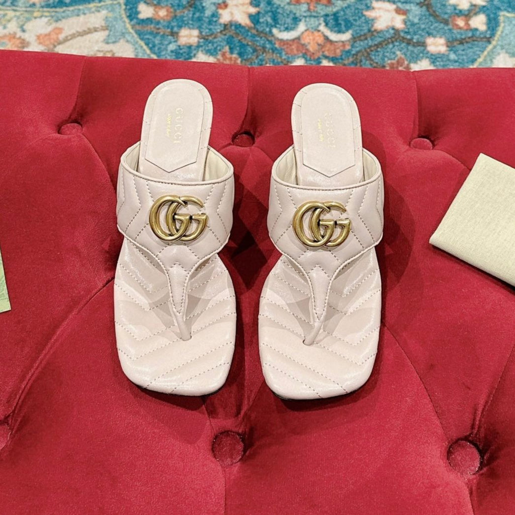 GUCCI HIGH THONG MULE 55MM IN BEIGE CREAM CALFSKIN WITH GOLD HARDWARE