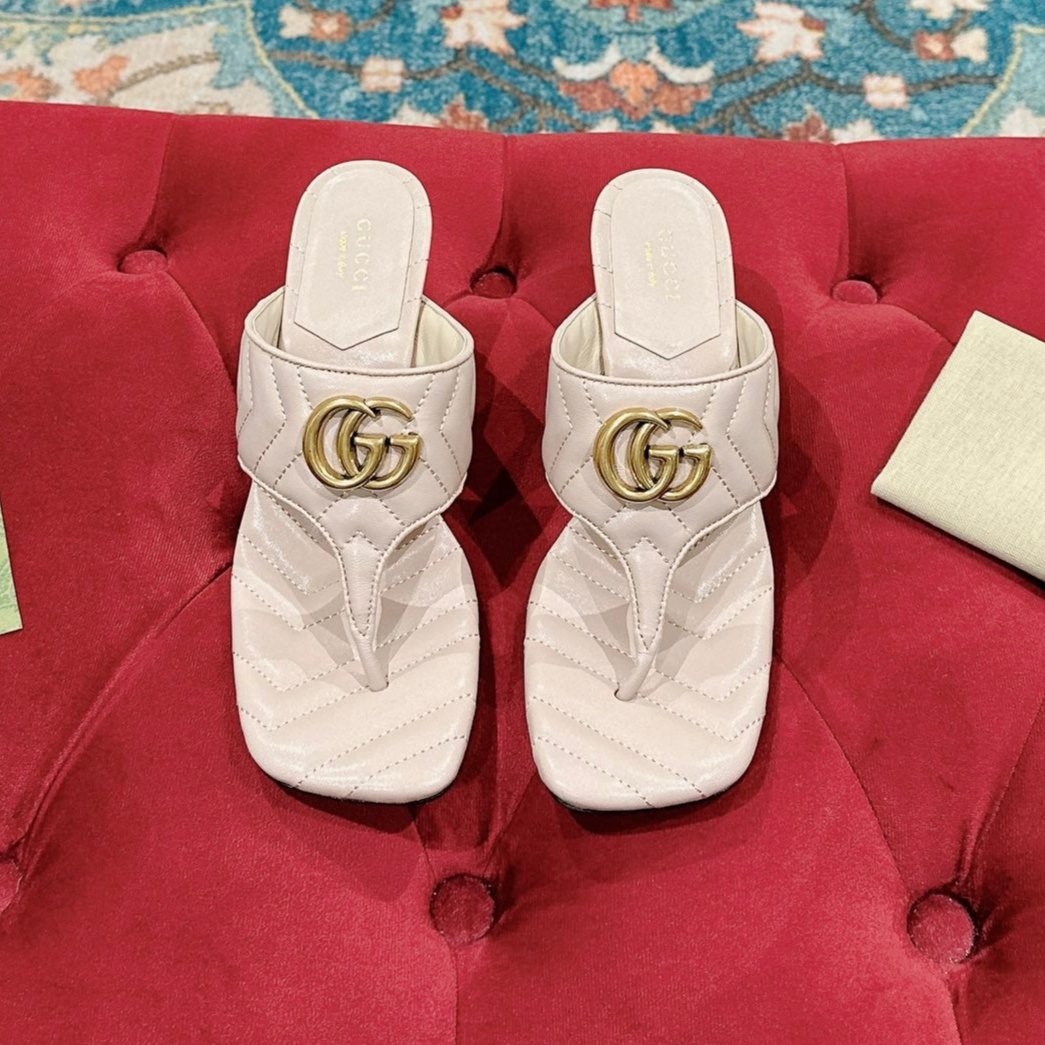 GUCCI HIGH THONG MULE 55MM IN BEIGE CREAM CALFSKIN WITH GOLD HARDWARE