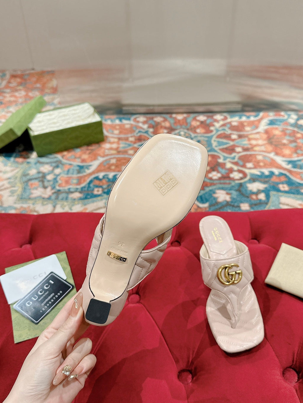 GUCCI HIGH THONG MULE 55MM IN BEIGE CREAM CALFSKIN WITH GOLD HARDWARE