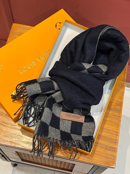 LOUIS VUITTON DAMIER SCARF 180 CM IN MIDNIGHT BLUE MIX GRAY CASHMERE 388316