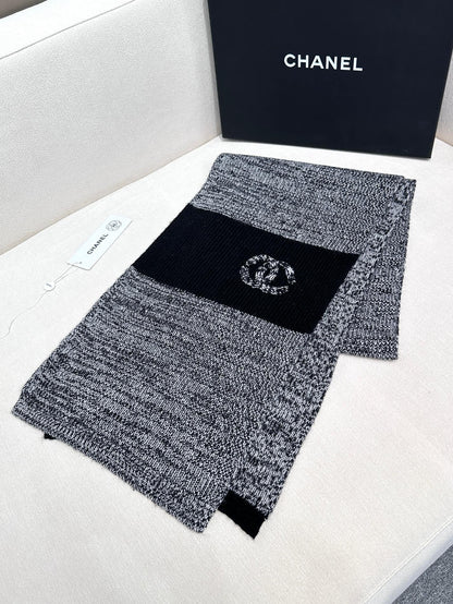 CHANEL SCARF 180 CM IN SHARK GRAY MIX BLACK CASHMERE 389977