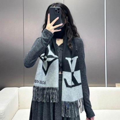 LOUIS VUITTON GRAPHIC DUAL SCARF 192 CM IN BLACK MIX LIGHT GRAY WOOL AND CASHMERE 396435