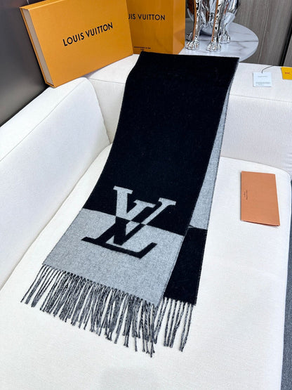 LOUIS VUITTON GRAPHIC DUAL SCARF 192 CM IN BLACK MIX LIGHT GRAY WOOL AND CASHMERE 396435
