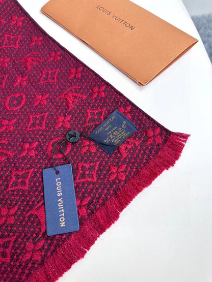 LOUIS VUITTON SCARF 180 CM IN HIBISCUS RED CLASSIC MONOGRAM CASHMERE 396438