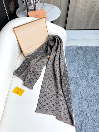 LOUIS VUITTON SCARF 180 CM IN KHAKI BROWN CLASSIC MONOGRAM CASHMERE 396440