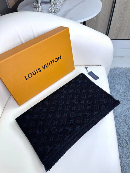 LOUIS VUITTON SCARF 180 CM IN BLACK CLASSIC MONOGRAM CASHMERE 396441