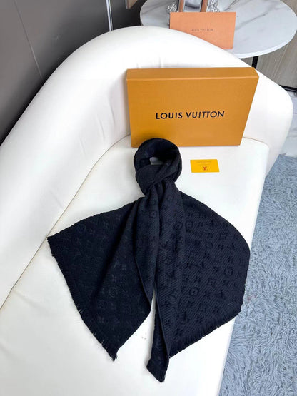 LOUIS VUITTON SCARF 180 CM IN BLACK CLASSIC MONOGRAM CASHMERE 396441