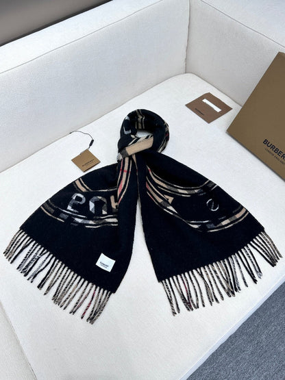 BURBERRY SCARF 180 CM IN BLACK AND TAN BROWN CASHMERE 407240