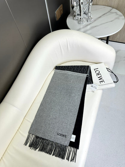 LOEWE ANAGRAM SCARF 182 CM IN BLACK MIX DOVE GRAY WOOL AND CASHMERE 408524