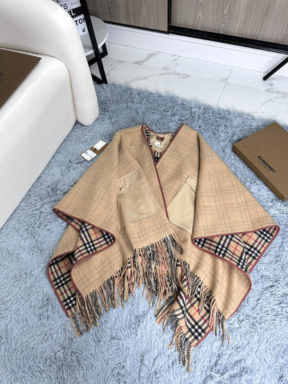 BURBERRY CHECK CAPE IN SAND BROWN WOOL 410154