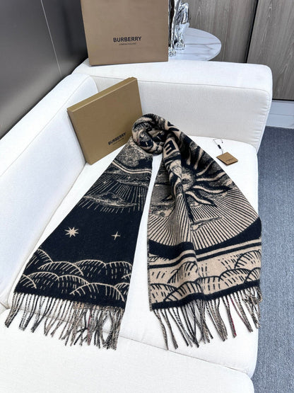 BURBERRY REVERSIBLE EKD SCARF 210 CM IN BLACK MIX CAMEL BEIGE CASHMERE 410182