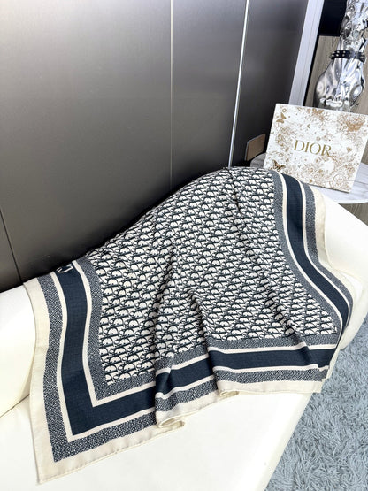 DIOR MONOGRAM SQUARE SCARF 140 CM IN BLACK MIX WHITE  CASHMERE AND SILK 413742
