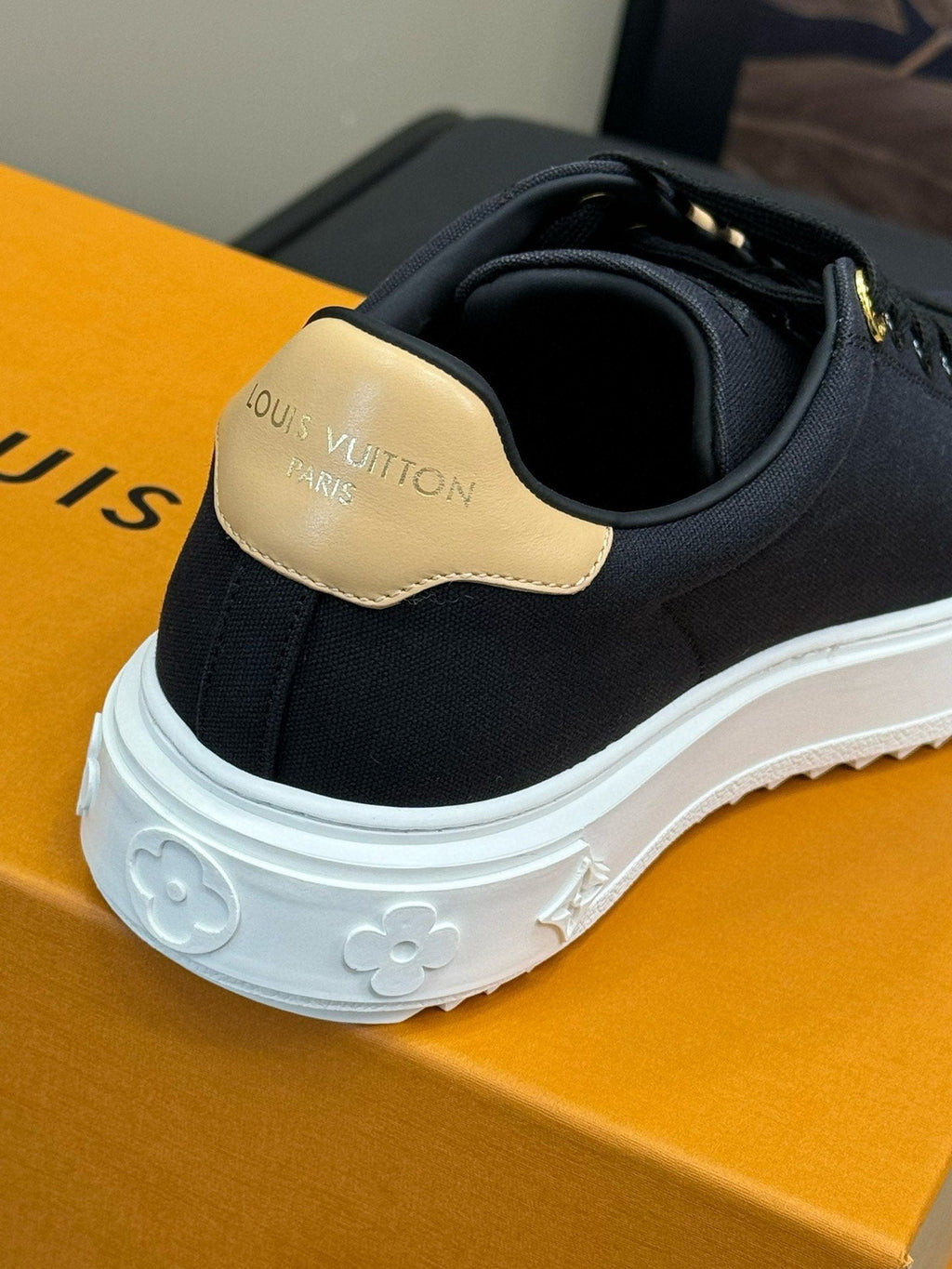 LOUIS VUITTON LV TIME OUT SNEAKER IN BLACK MIX MACAROON GOLD CANVAS