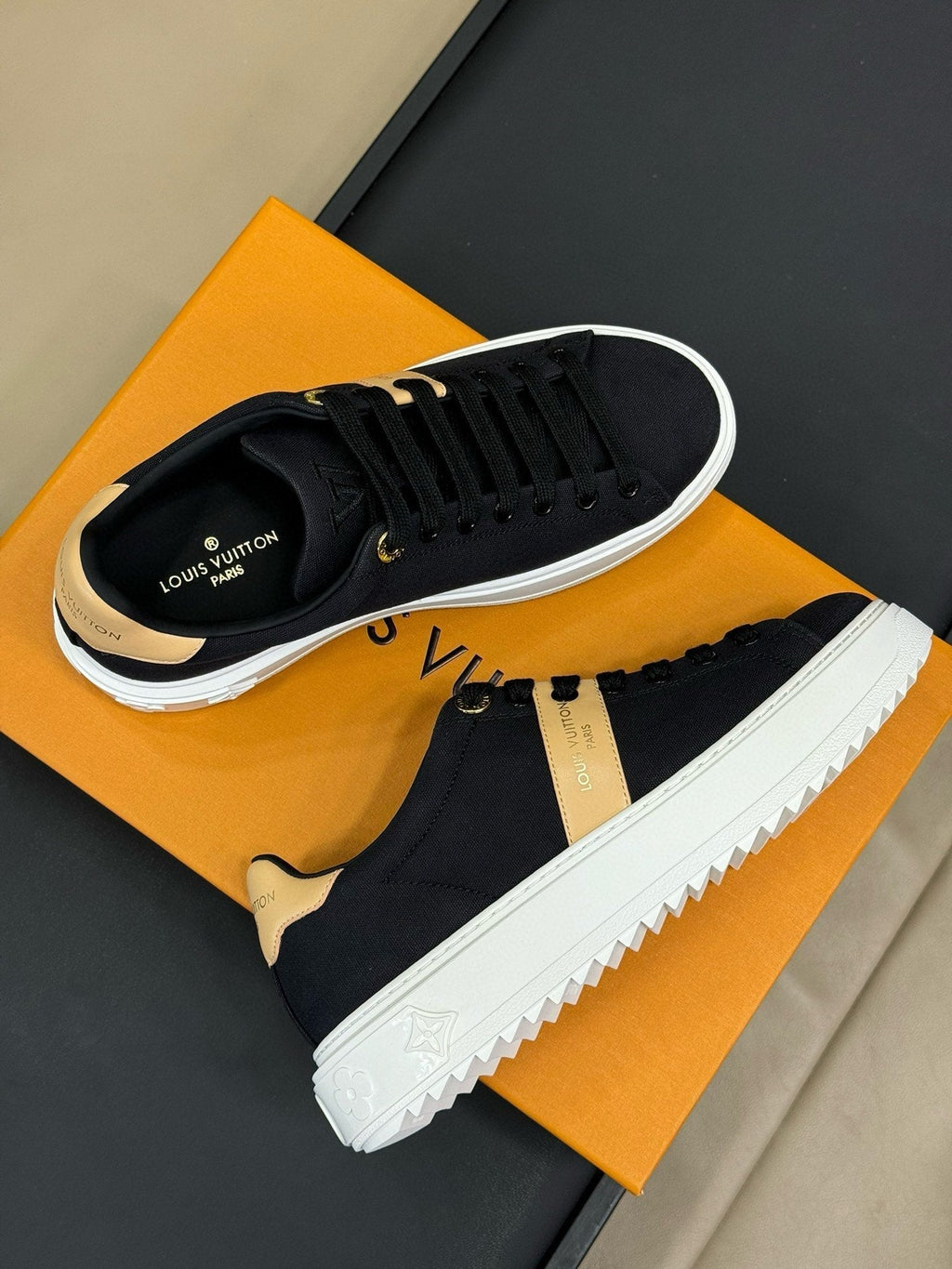 LOUIS VUITTON LV TIME OUT SNEAKER IN BLACK MIX MACAROON GOLD CANVAS