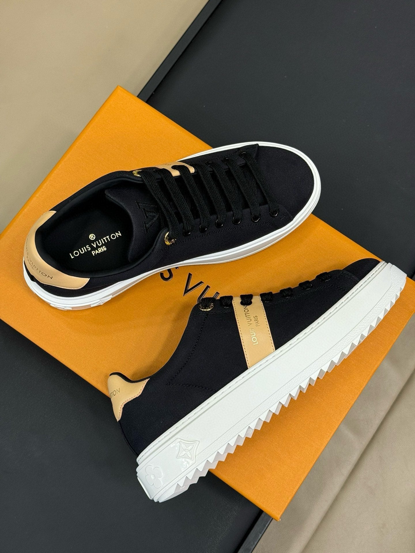 LOUIS VUITTON LV TIME OUT SNEAKER IN BLACK MIX MACAROON GOLD CANVAS
