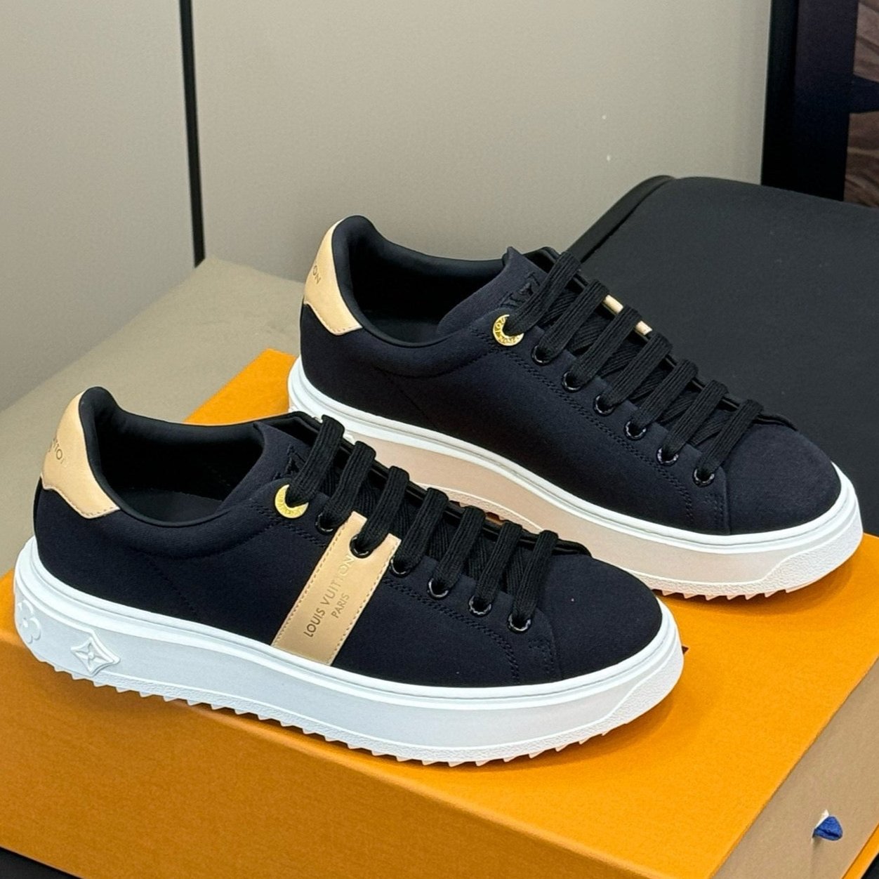 LOUIS VUITTON LV TIME OUT SNEAKER IN BLACK MIX MACAROON GOLD CANVAS