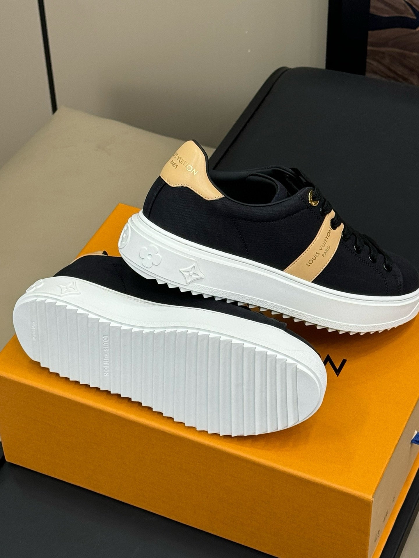 LOUIS VUITTON LV TIME OUT SNEAKER IN BLACK MIX MACAROON GOLD CANVAS