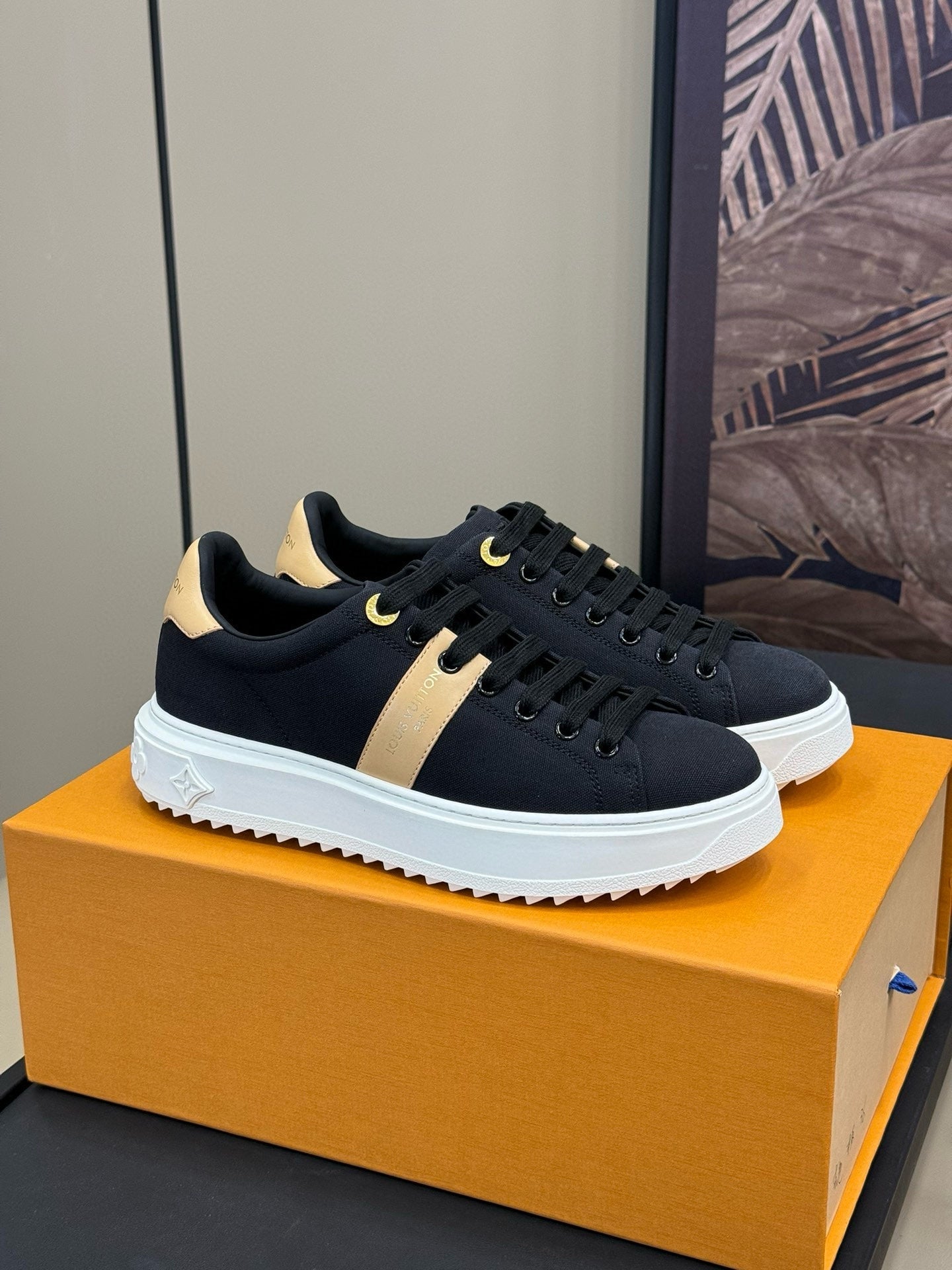 LOUIS VUITTON LV TIME OUT SNEAKER IN BLACK MIX MACAROON GOLD CANVAS