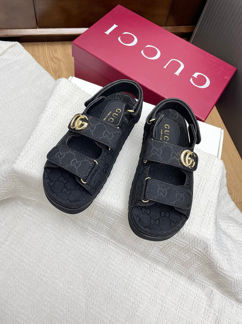 GUCCI CLASSIC SANDALS 25S IN BLACK FABRIC WITH GOLD HARDWARE