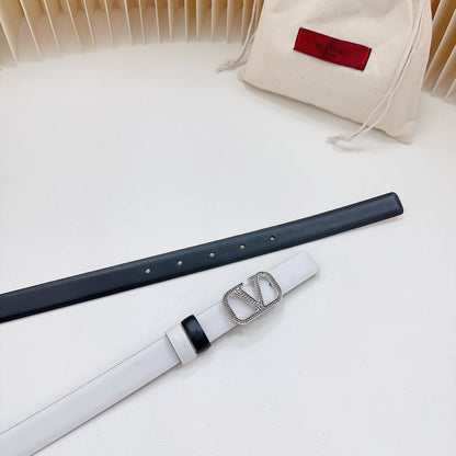 VALENTINO Vlogo Buckle Water Wave Silver Copper Glossy White Black Leather 20mm Belt