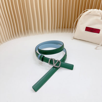 VALENTINO Vlogo Buckle Water Wave Silver Copper Glossy Dark Green Cloud Blue Leather 20mm Belt