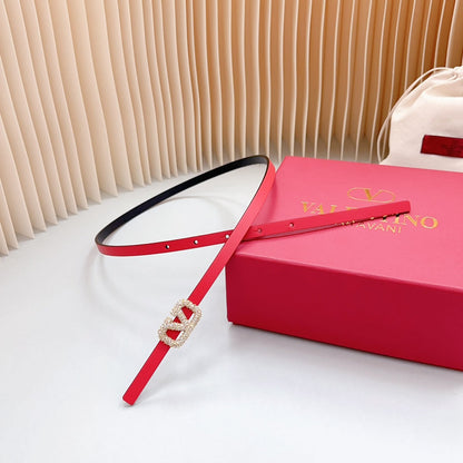 VALENTINO VL Belt 8mm Buckle Gold Diamond Leather Red Black