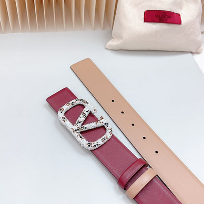 VALENTINO Vlogo Brown Black White Stone Silver Buckle Belt 40mm Wine Beige Leather